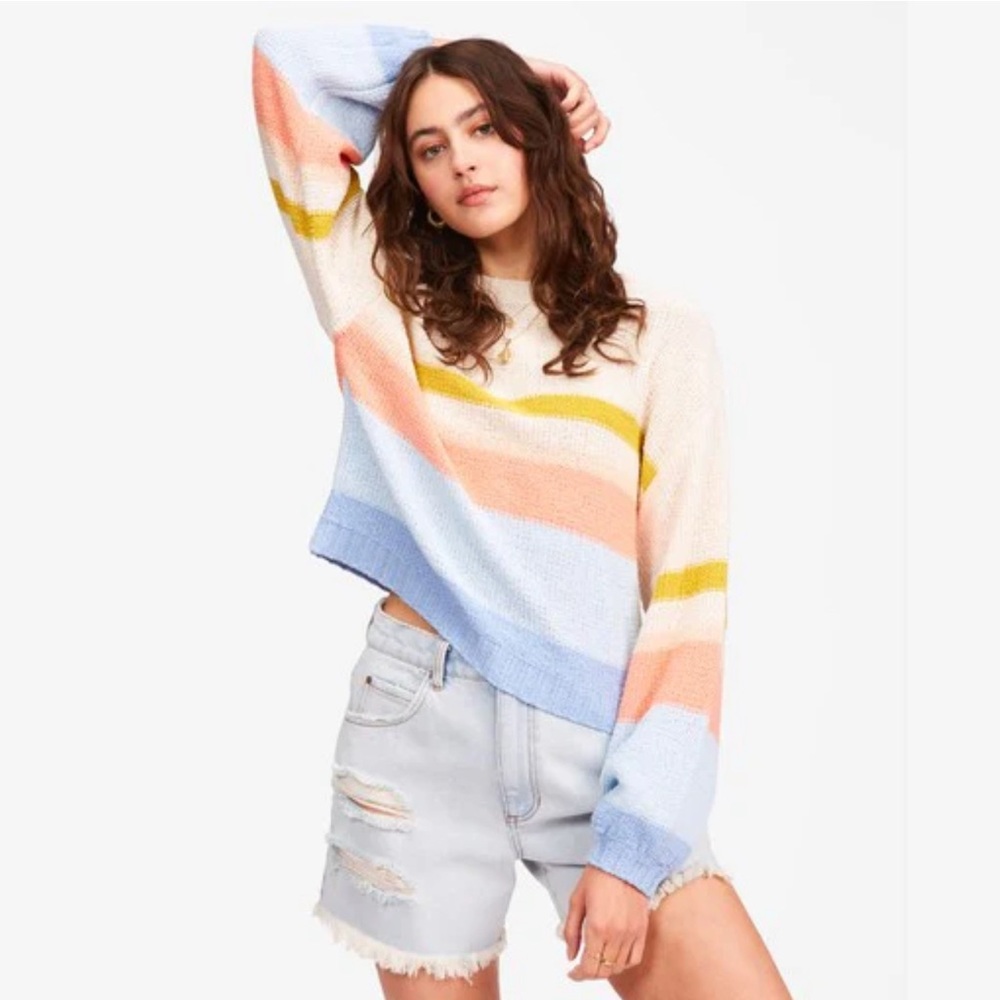 Billabong Rainbow Striped Crewneck Cropped Beachy Sweater